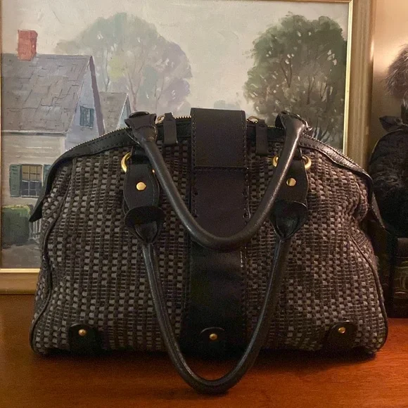 Valentino Garavani large handbag vintage black leather with fabric gold hardware - Picture 1 of 14